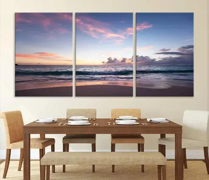 A triptych of the "Sea and Beach Wall Art Canvas Print" hangs elegantly in the modern living room. The gallery-wrapped artwork, printed on museum-quality canvas, is beautifully enhanced by its elegantly hand-assembled frame, adding an elegant touch to the space.