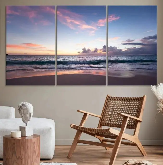 A triptych of the "Sea and Beach Wall Art Canvas Print" hangs elegantly in the modern living room. The gallery-wrapped artwork, printed on museum-quality canvas, is beautifully enhanced by its elegantly hand-assembled frame, adding an elegant touch to the space.