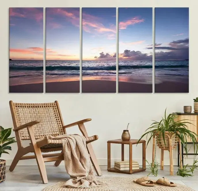 A triptych of the "Sea and Beach Wall Art Canvas Print" hangs elegantly in the modern living room. The gallery-wrapped artwork, printed on museum-quality canvas, is beautifully enhanced by its elegantly hand-assembled frame, adding an elegant touch to the space.