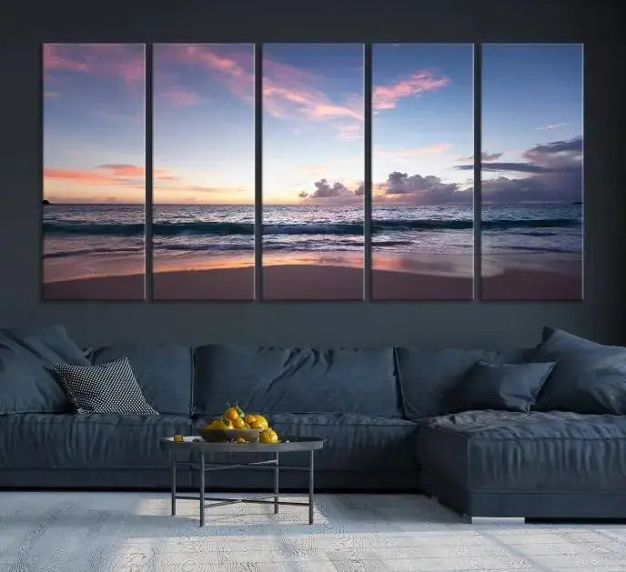 A triptych of the "Sea and Beach Wall Art Canvas Print" hangs elegantly in the modern living room. The gallery-wrapped artwork, printed on museum-quality canvas, is beautifully enhanced by its elegantly hand-assembled frame, adding an elegant touch to the space.