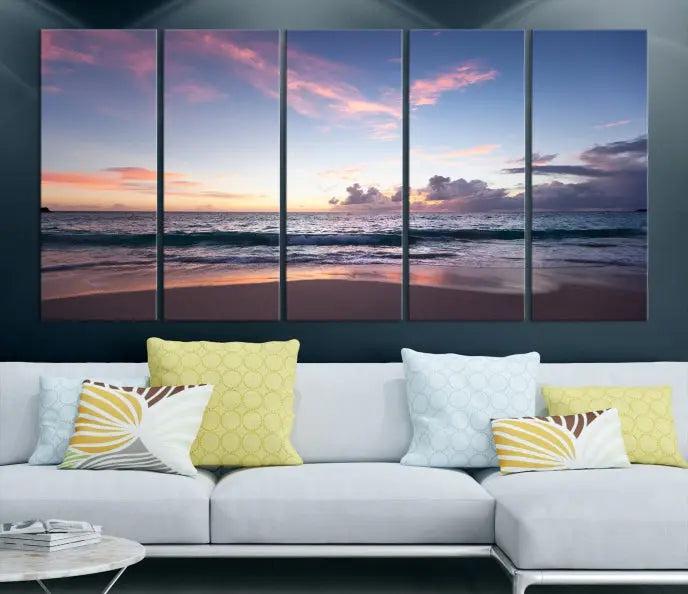 A triptych of the "Sea and Beach Wall Art Canvas Print" hangs elegantly in the modern living room. The gallery-wrapped artwork, printed on museum-quality canvas, is beautifully enhanced by its elegantly hand-assembled frame, adding an elegant touch to the space.