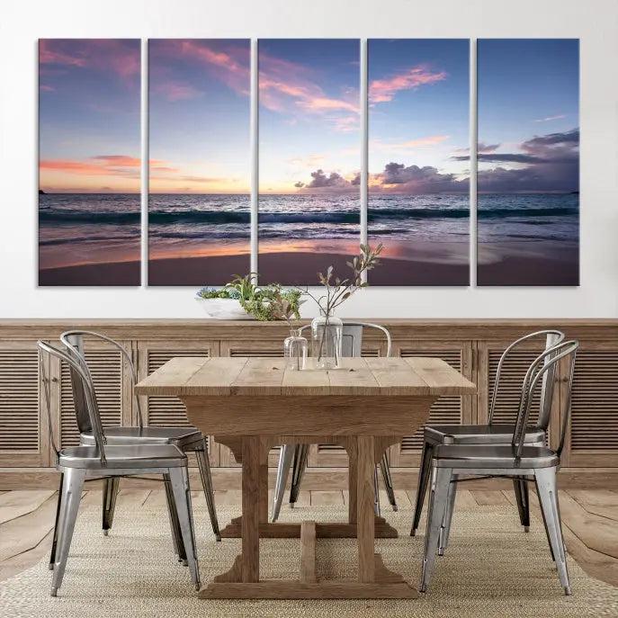 A triptych of the "Sea and Beach Wall Art Canvas Print" hangs elegantly in the modern living room. The gallery-wrapped artwork, printed on museum-quality canvas, is beautifully enhanced by its elegantly hand-assembled frame, adding an elegant touch to the space.