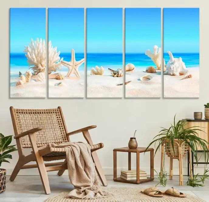 The Seashell Wall Art Canvas Print features a triptych of a beach scene, complete with coral, starfish, and seashells on sand. Printed on museum-quality canvas with UV-protective coating, it is ready to hang and brings vibrant charm to any living room.