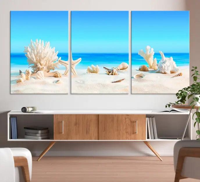 The Seashell Wall Art Canvas Print features a triptych of a beach scene, complete with coral, starfish, and seashells on sand. Printed on museum-quality canvas with UV-protective coating, it is ready to hang and brings vibrant charm to any living room.