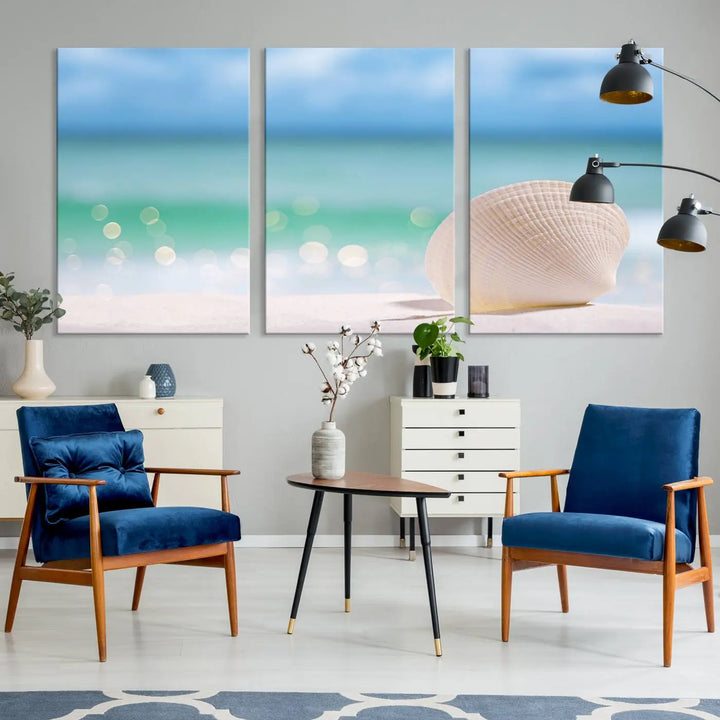 The "Seashell on The Beach Wall Art Canvas Print" features a triptych photo of a seashell on a sandy beach. This artwork is printed on gallery-wrapped, museum-quality canvas with a UV-protective coating.