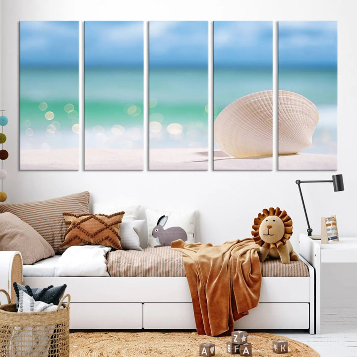 The "Seashell on The Beach Wall Art Canvas Print" features a triptych photo of a seashell on a sandy beach. This artwork is printed on gallery-wrapped, museum-quality canvas with a UV-protective coating.