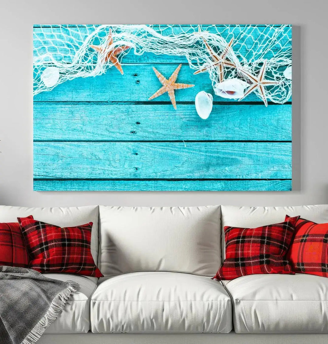 The "Seashells Starfish" artwork, a coastal-themed piece on museum-quality canvas, showcases starfish and a net. This artwork features a UV-protective coating to ensure lasting vibrancy.