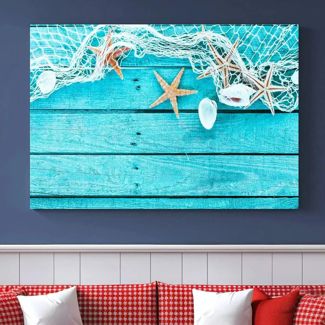 The "Seashells Starfish" artwork, a coastal-themed piece on museum-quality canvas, showcases starfish and a net. This artwork features a UV-protective coating to ensure lasting vibrancy.