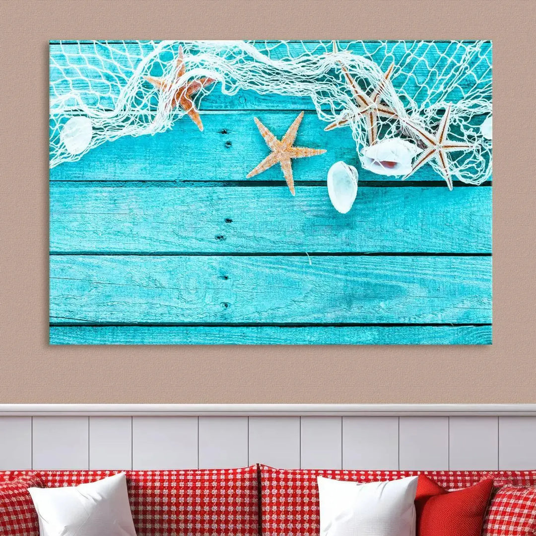 The "Seashells Starfish" artwork, a coastal-themed piece on museum-quality canvas, showcases starfish and a net. This artwork features a UV-protective coating to ensure lasting vibrancy.