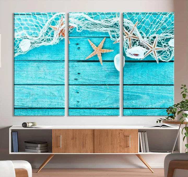 The "Seashells Starfish" artwork, a coastal-themed piece on museum-quality canvas, showcases starfish and a net. This artwork features a UV-protective coating to ensure lasting vibrancy.