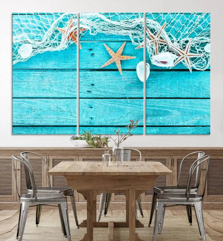 The "Seashells Starfish" artwork, a coastal-themed piece on museum-quality canvas, showcases starfish and a net. This artwork features a UV-protective coating to ensure lasting vibrancy.