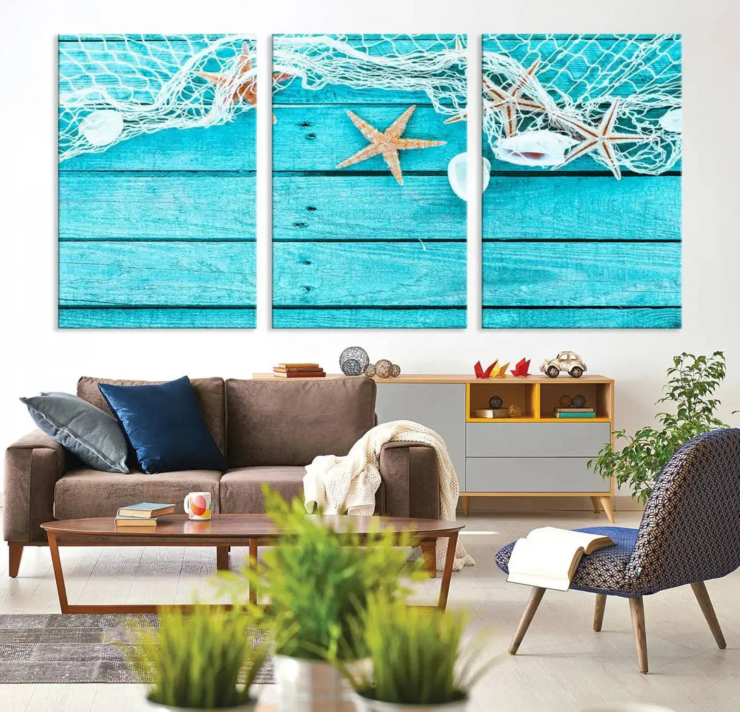 The "Seashells Starfish" artwork, a coastal-themed piece on museum-quality canvas, showcases starfish and a net. This artwork features a UV-protective coating to ensure lasting vibrancy.