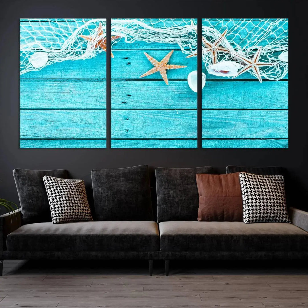 The "Seashells Starfish" artwork, a coastal-themed piece on museum-quality canvas, showcases starfish and a net. This artwork features a UV-protective coating to ensure lasting vibrancy.