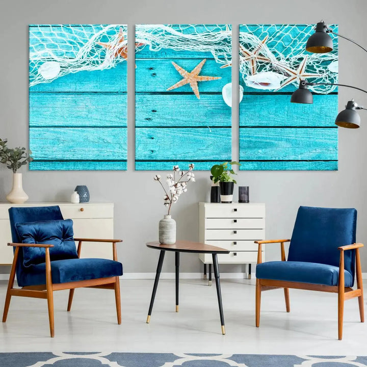 The "Seashells Starfish" artwork, a coastal-themed piece on museum-quality canvas, showcases starfish and a net. This artwork features a UV-protective coating to ensure lasting vibrancy.