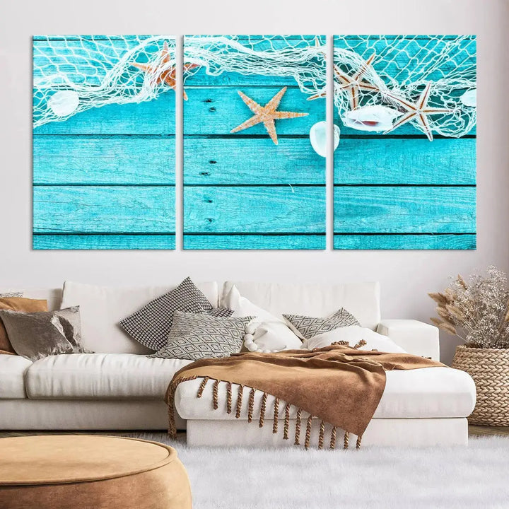 The "Seashells Starfish" artwork, a coastal-themed piece on museum-quality canvas, showcases starfish and a net. This artwork features a UV-protective coating to ensure lasting vibrancy.