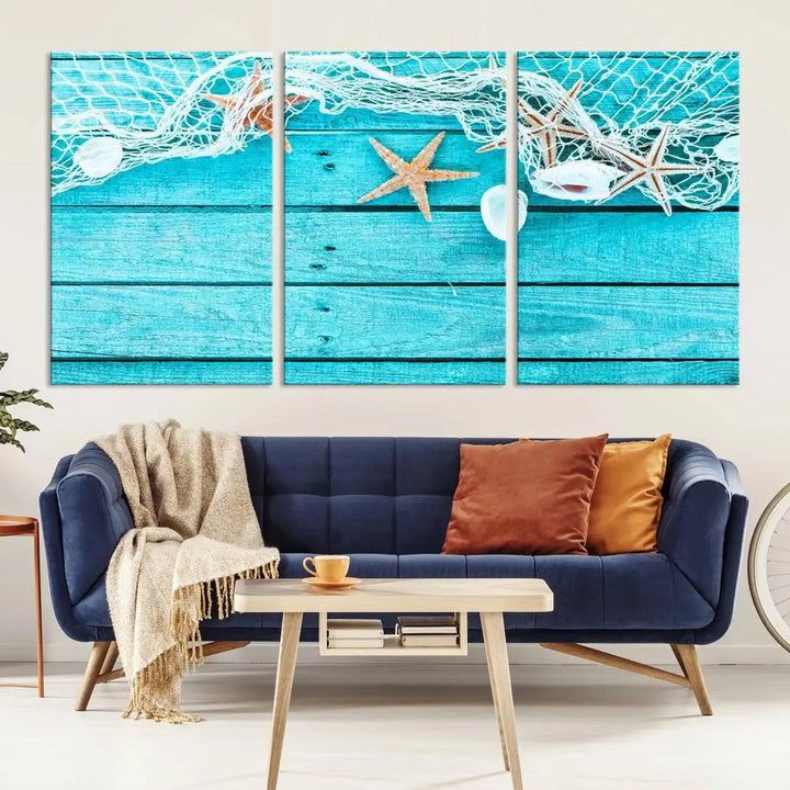 The "Seashells Starfish" artwork, a coastal-themed piece on museum-quality canvas, showcases starfish and a net. This artwork features a UV-protective coating to ensure lasting vibrancy.