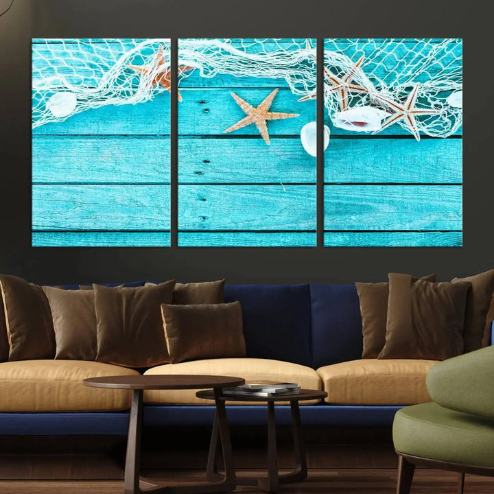 The "Seashells Starfish" artwork, a coastal-themed piece on museum-quality canvas, showcases starfish and a net. This artwork features a UV-protective coating to ensure lasting vibrancy.