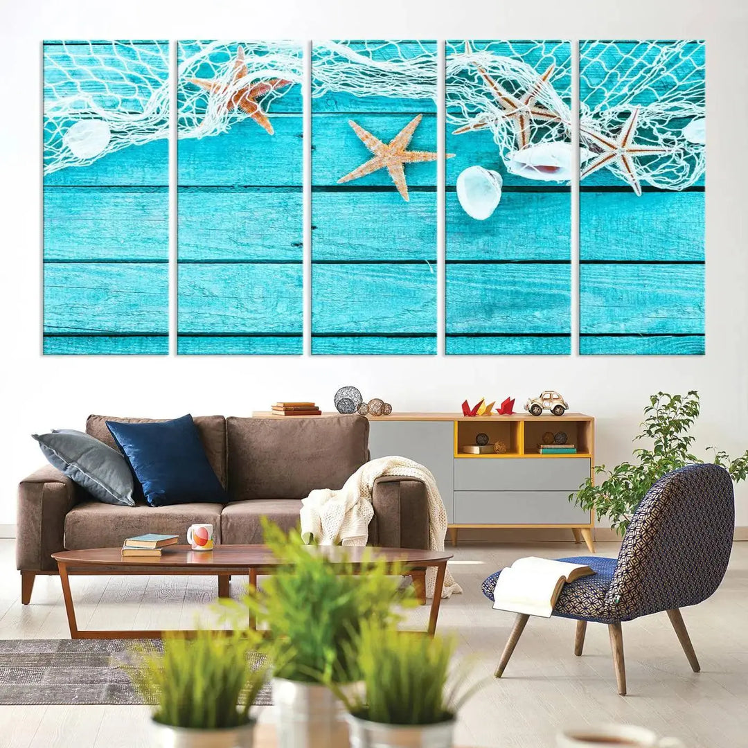 The "Seashells Starfish" artwork, a coastal-themed piece on museum-quality canvas, showcases starfish and a net. This artwork features a UV-protective coating to ensure lasting vibrancy.