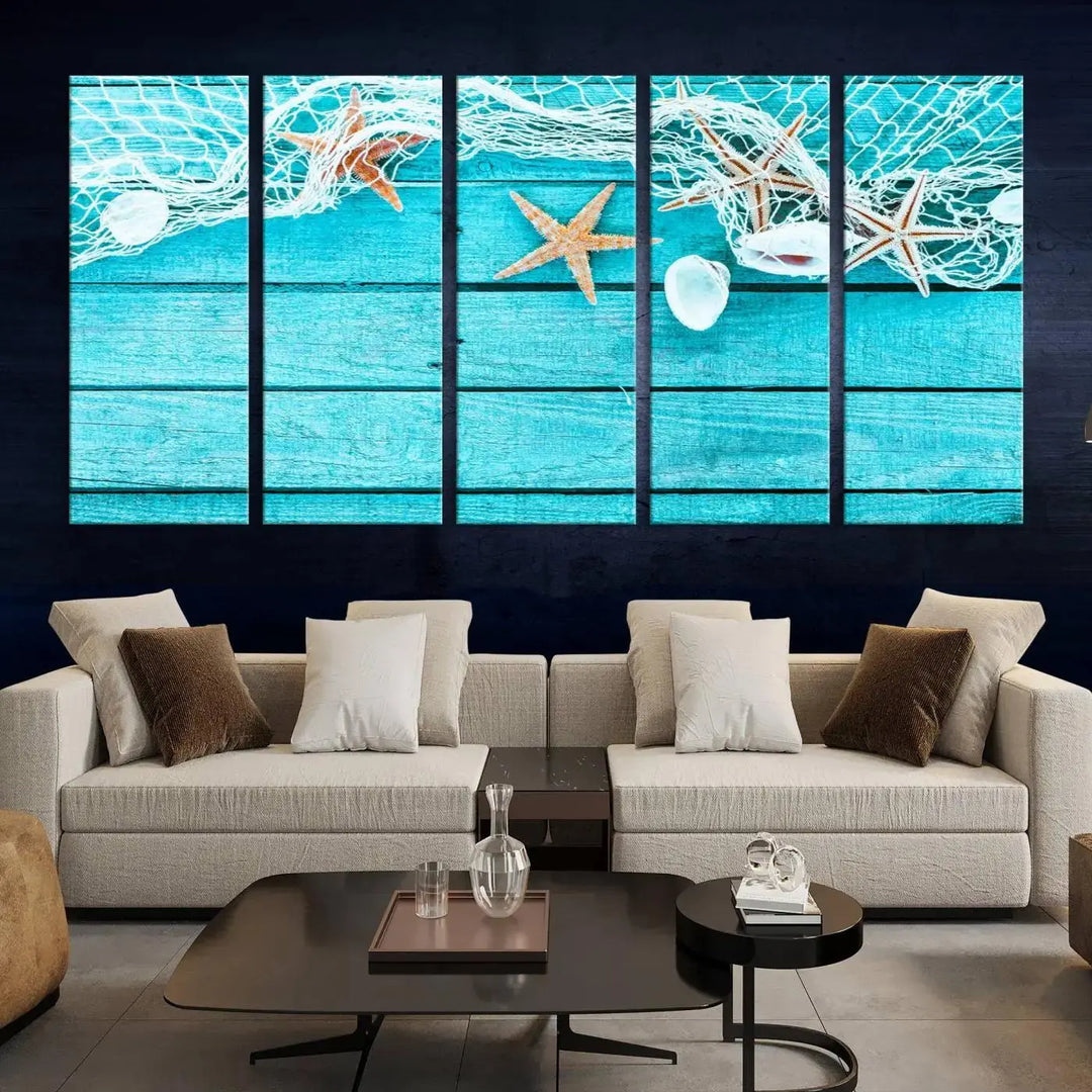 The "Seashells Starfish" artwork, a coastal-themed piece on museum-quality canvas, showcases starfish and a net. This artwork features a UV-protective coating to ensure lasting vibrancy.