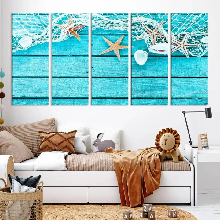 The "Seashells Starfish" artwork, a coastal-themed piece on museum-quality canvas, showcases starfish and a net. This artwork features a UV-protective coating to ensure lasting vibrancy.