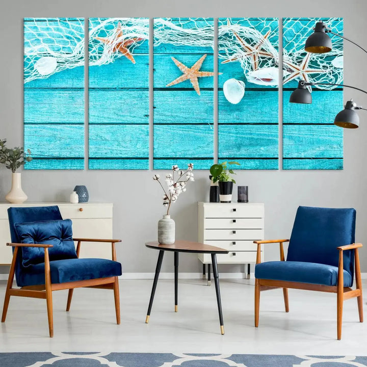 The "Seashells Starfish" artwork, a coastal-themed piece on museum-quality canvas, showcases starfish and a net. This artwork features a UV-protective coating to ensure lasting vibrancy.