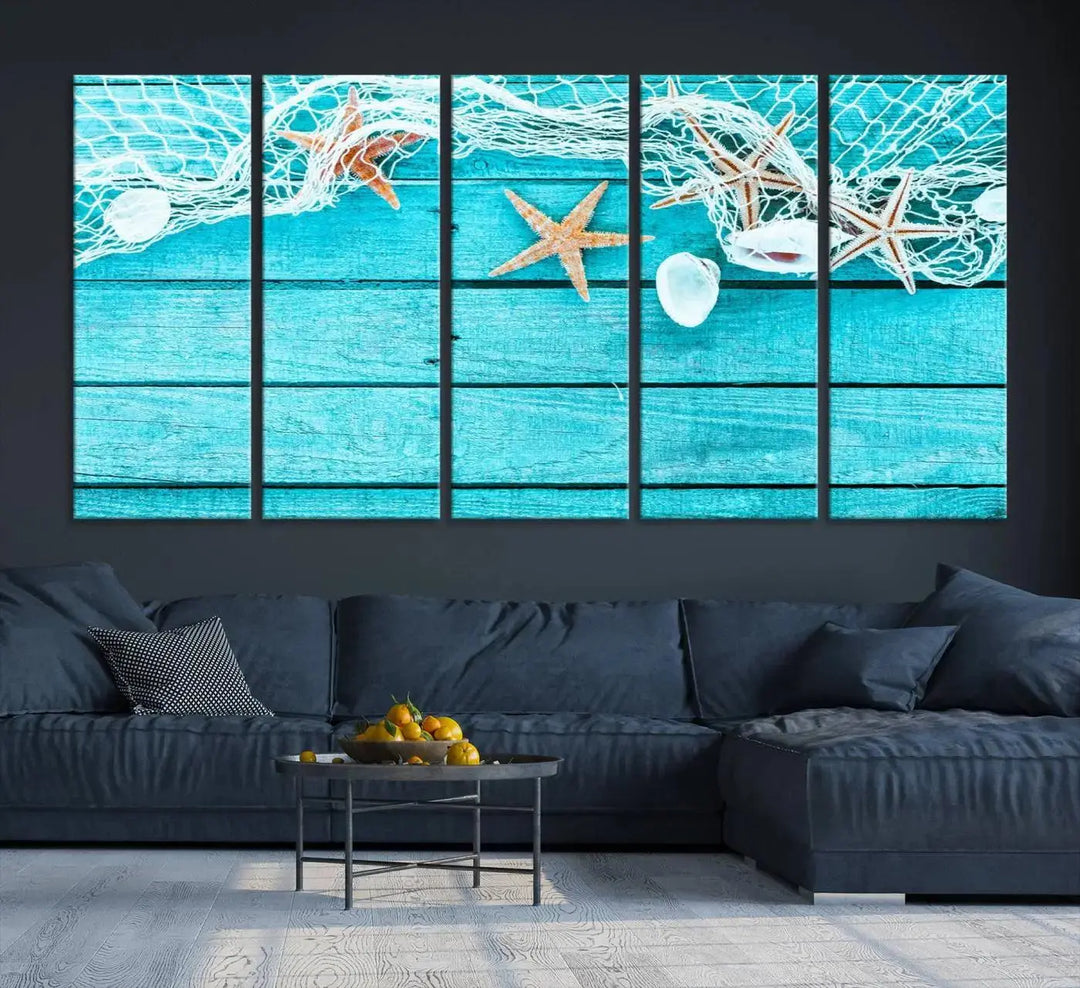 The "Seashells Starfish" artwork, a coastal-themed piece on museum-quality canvas, showcases starfish and a net. This artwork features a UV-protective coating to ensure lasting vibrancy.