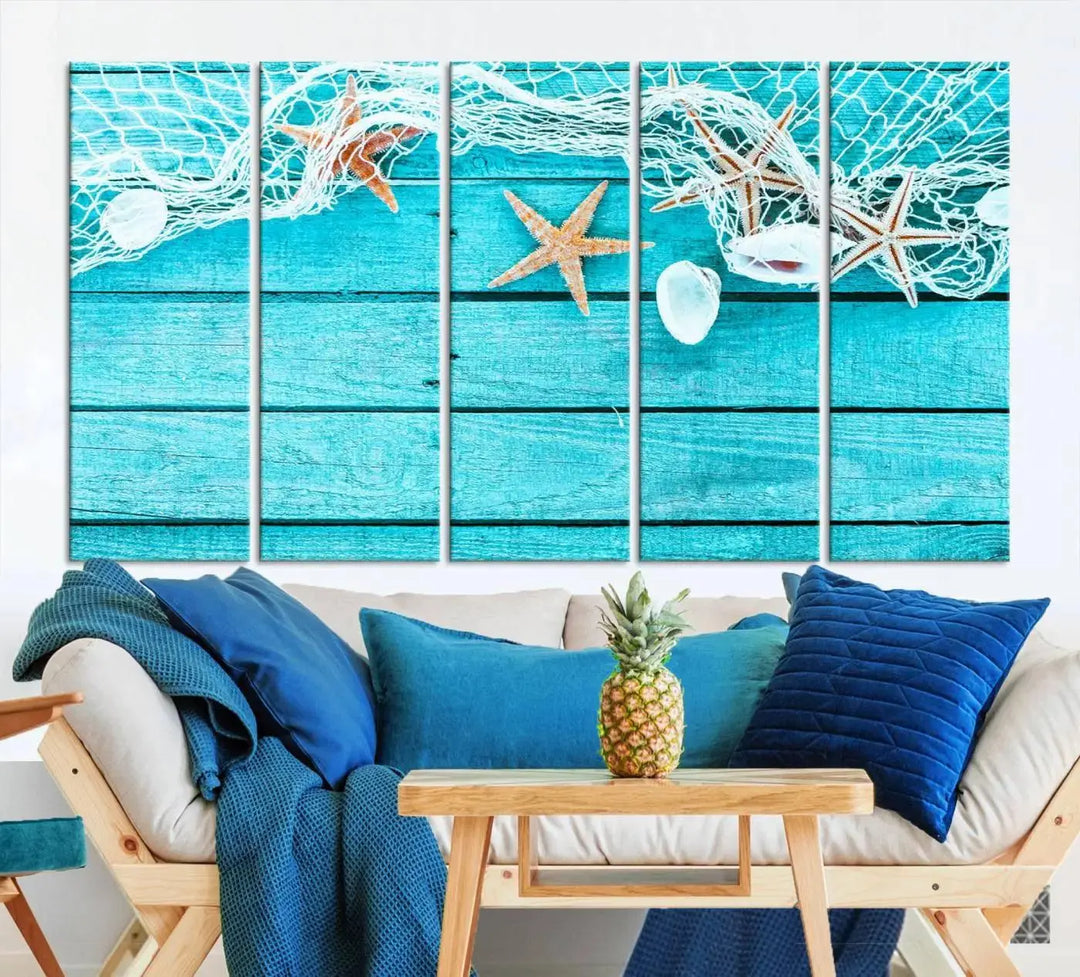 The "Seashells Starfish" artwork, a coastal-themed piece on museum-quality canvas, showcases starfish and a net. This artwork features a UV-protective coating to ensure lasting vibrancy.