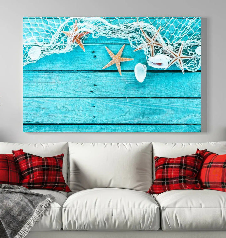 The "Seashells Starfish" artwork, a coastal-themed piece on museum-quality canvas, showcases starfish and a net. This artwork features a UV-protective coating to ensure lasting vibrancy.