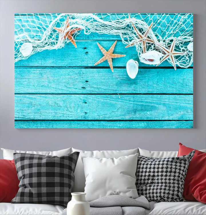 The "Seashells Starfish" artwork, a coastal-themed piece on museum-quality canvas, showcases starfish and a net. This artwork features a UV-protective coating to ensure lasting vibrancy.