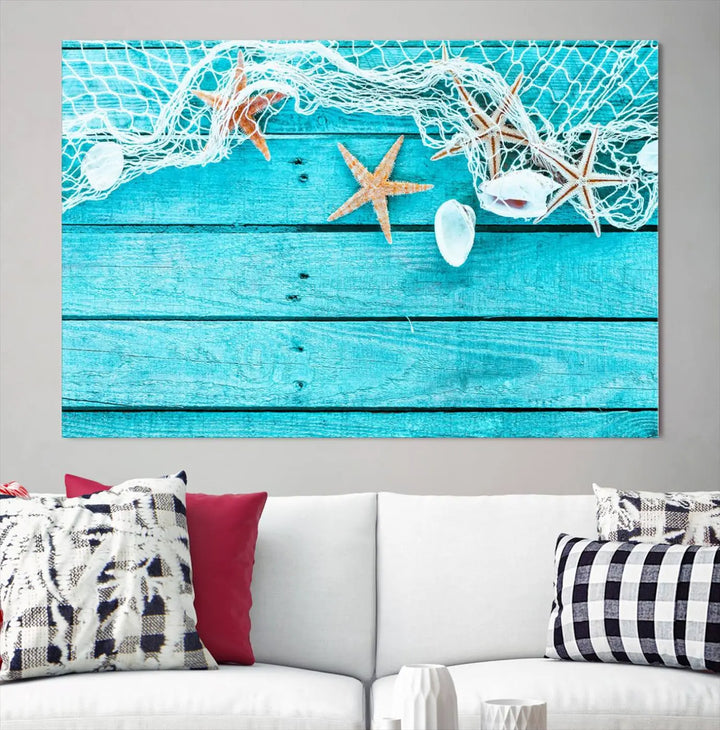 The "Seashells Starfish" artwork, a coastal-themed piece on museum-quality canvas, showcases starfish and a net. This artwork features a UV-protective coating to ensure lasting vibrancy.