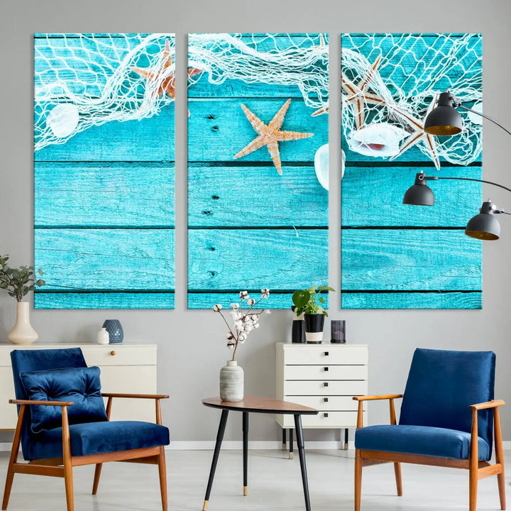 The "Seashells Starfish" artwork, a coastal-themed piece on museum-quality canvas, showcases starfish and a net. This artwork features a UV-protective coating to ensure lasting vibrancy.