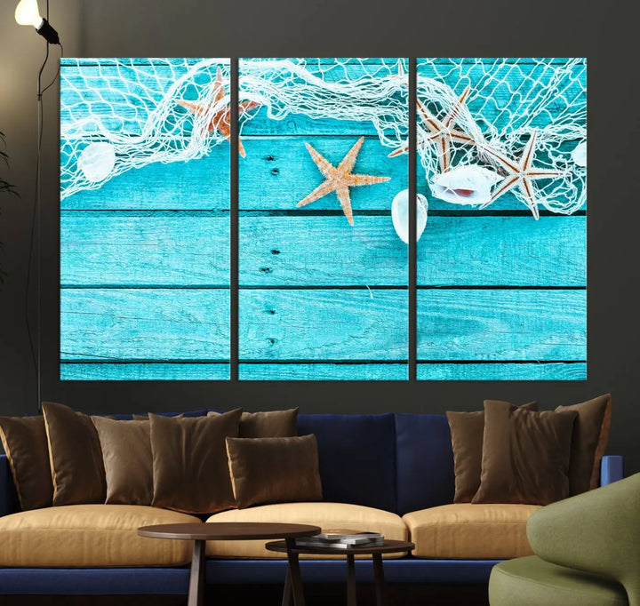 The "Seashells Starfish" artwork, a coastal-themed piece on museum-quality canvas, showcases starfish and a net. This artwork features a UV-protective coating to ensure lasting vibrancy.