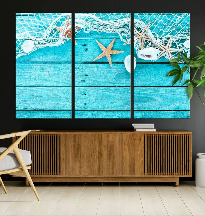 The "Seashells Starfish" artwork, a coastal-themed piece on museum-quality canvas, showcases starfish and a net. This artwork features a UV-protective coating to ensure lasting vibrancy.