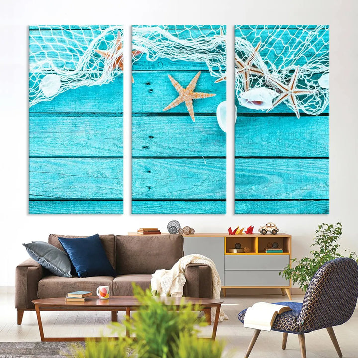 The "Seashells Starfish" artwork, a coastal-themed piece on museum-quality canvas, showcases starfish and a net. This artwork features a UV-protective coating to ensure lasting vibrancy.