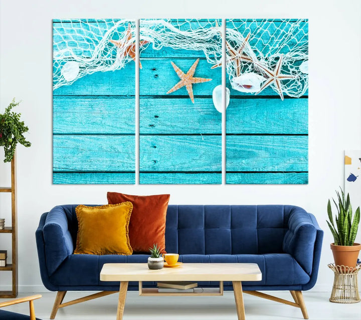 The "Seashells Starfish" artwork, a coastal-themed piece on museum-quality canvas, showcases starfish and a net. This artwork features a UV-protective coating to ensure lasting vibrancy.