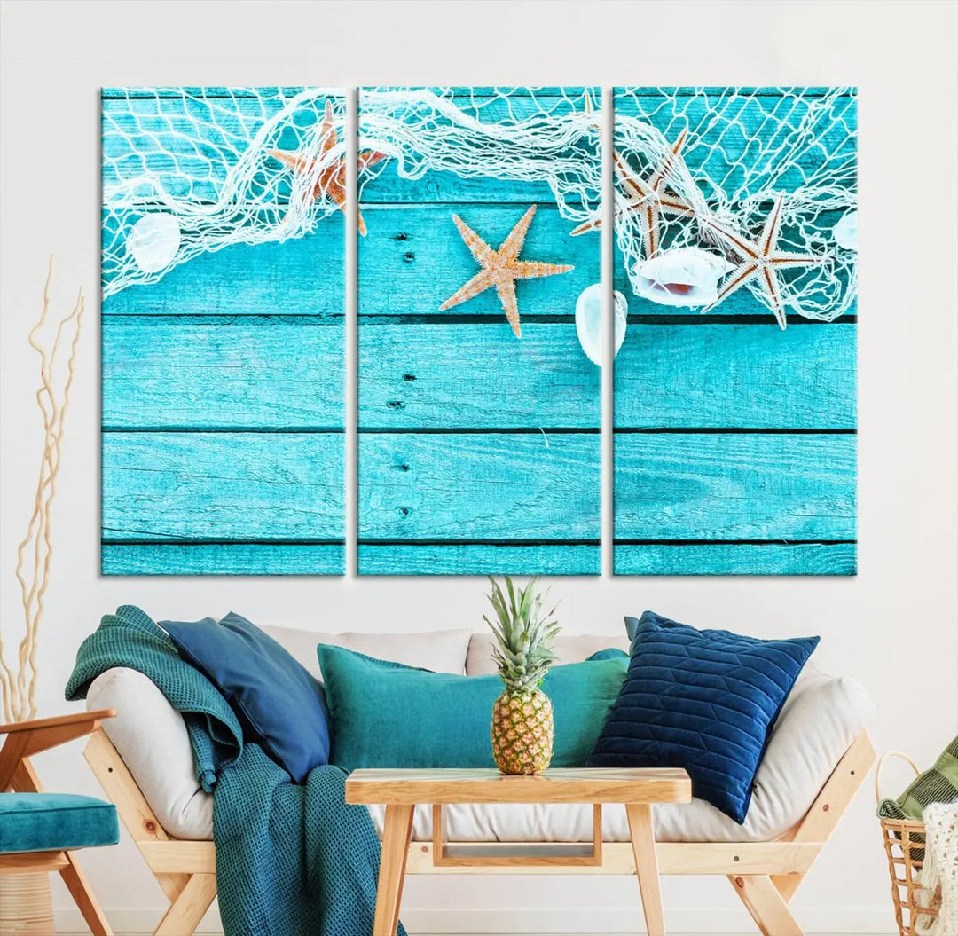 The "Seashells Starfish" artwork, a coastal-themed piece on museum-quality canvas, showcases starfish and a net. This artwork features a UV-protective coating to ensure lasting vibrancy.