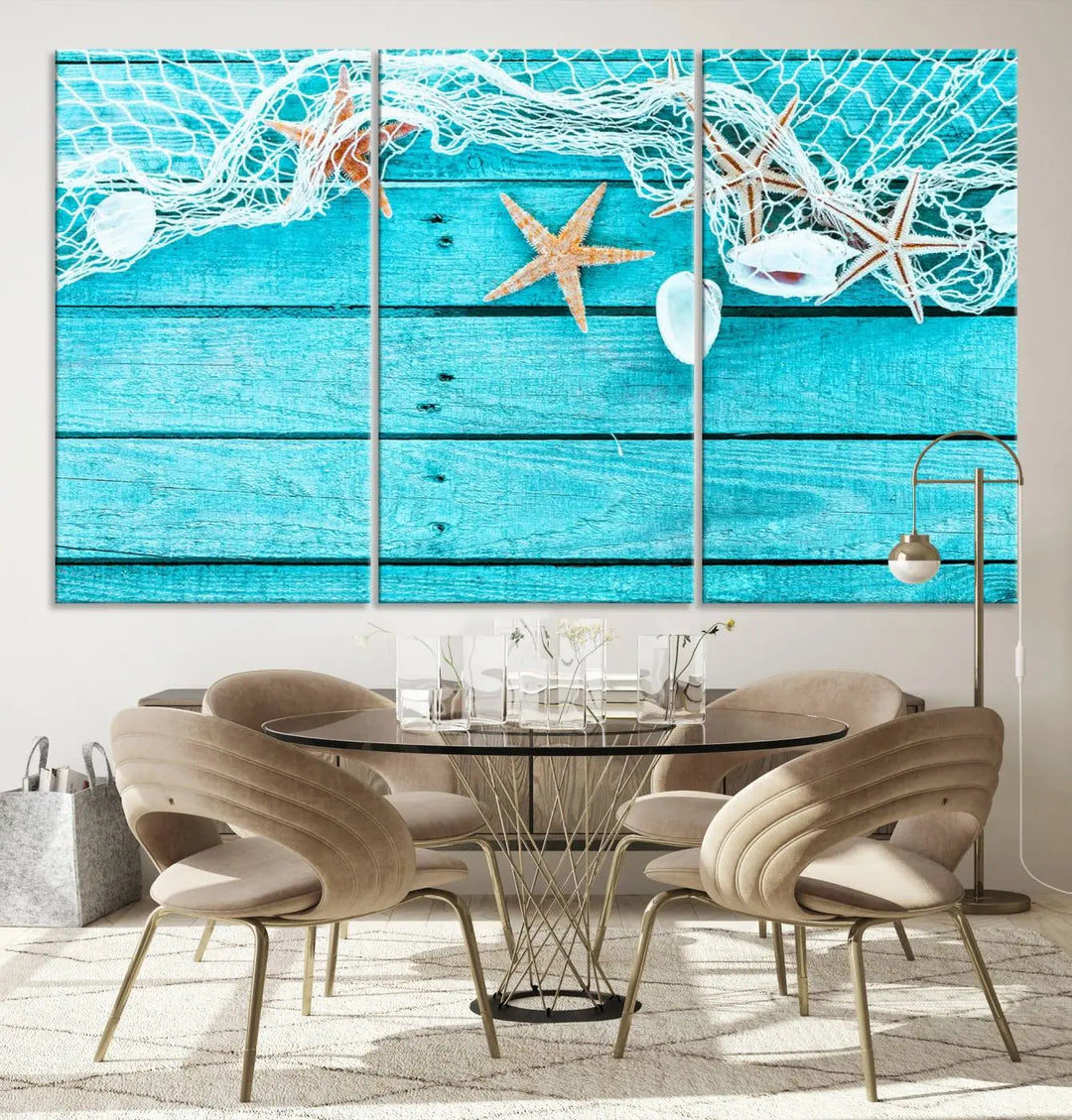 The "Seashells Starfish" artwork, a coastal-themed piece on museum-quality canvas, showcases starfish and a net. This artwork features a UV-protective coating to ensure lasting vibrancy.