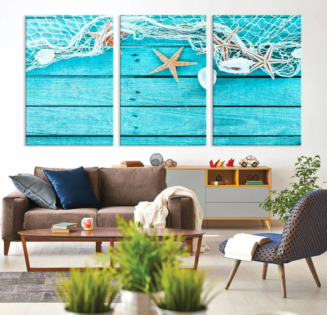 The "Seashells Starfish" artwork, a coastal-themed piece on museum-quality canvas, showcases starfish and a net. This artwork features a UV-protective coating to ensure lasting vibrancy.