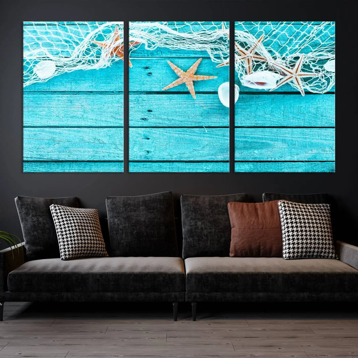 The "Seashells Starfish" artwork, a coastal-themed piece on museum-quality canvas, showcases starfish and a net. This artwork features a UV-protective coating to ensure lasting vibrancy.