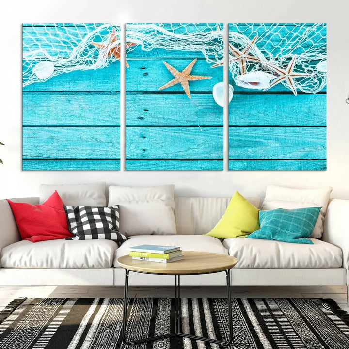 The "Seashells Starfish" artwork, a coastal-themed piece on museum-quality canvas, showcases starfish and a net. This artwork features a UV-protective coating to ensure lasting vibrancy.