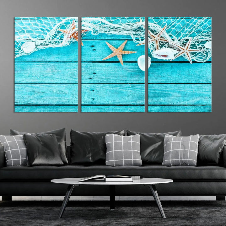 The "Seashells Starfish" artwork, a coastal-themed piece on museum-quality canvas, showcases starfish and a net. This artwork features a UV-protective coating to ensure lasting vibrancy.