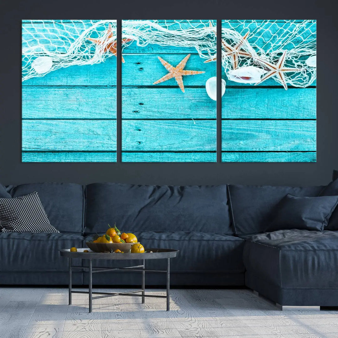 The "Seashells Starfish" artwork, a coastal-themed piece on museum-quality canvas, showcases starfish and a net. This artwork features a UV-protective coating to ensure lasting vibrancy.