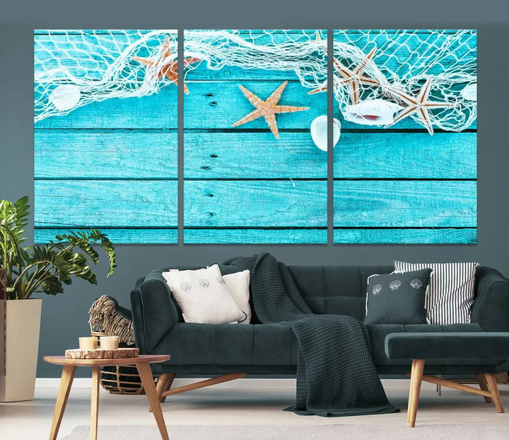 The "Seashells Starfish" artwork, a coastal-themed piece on museum-quality canvas, showcases starfish and a net. This artwork features a UV-protective coating to ensure lasting vibrancy.