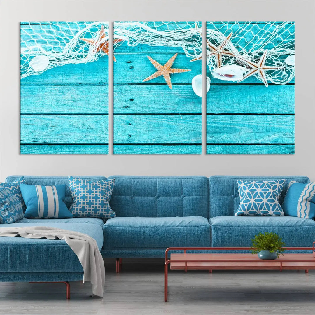 The "Seashells Starfish" artwork, a coastal-themed piece on museum-quality canvas, showcases starfish and a net. This artwork features a UV-protective coating to ensure lasting vibrancy.