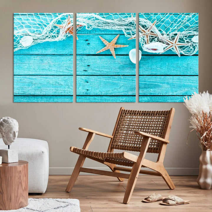 The "Seashells Starfish" artwork, a coastal-themed piece on museum-quality canvas, showcases starfish and a net. This artwork features a UV-protective coating to ensure lasting vibrancy.