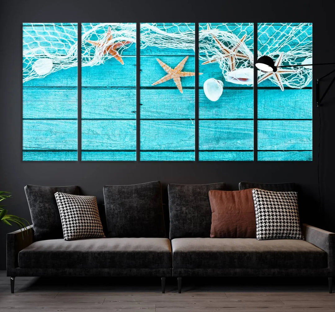 The "Seashells Starfish" artwork, a coastal-themed piece on museum-quality canvas, showcases starfish and a net. This artwork features a UV-protective coating to ensure lasting vibrancy.