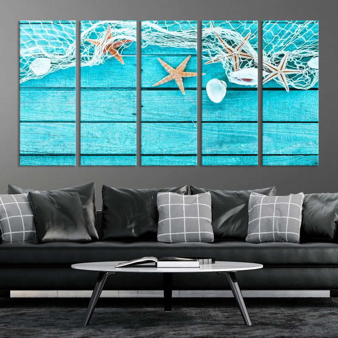 The "Seashells Starfish" artwork, a coastal-themed piece on museum-quality canvas, showcases starfish and a net. This artwork features a UV-protective coating to ensure lasting vibrancy.