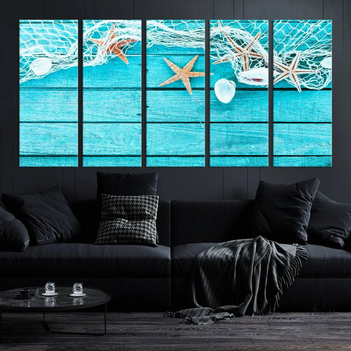 The "Seashells Starfish" artwork, a coastal-themed piece on museum-quality canvas, showcases starfish and a net. This artwork features a UV-protective coating to ensure lasting vibrancy.