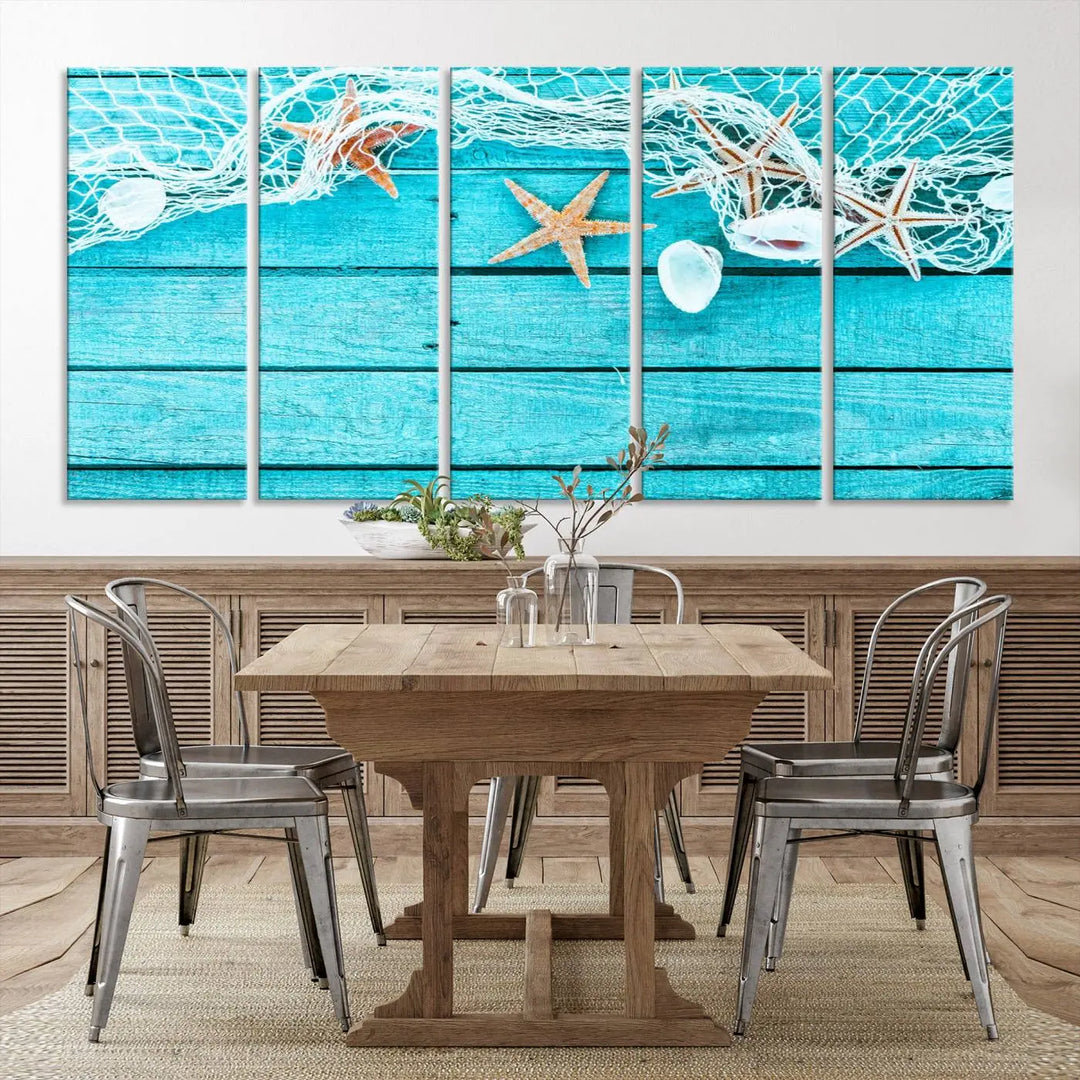 The "Seashells Starfish" artwork, a coastal-themed piece on museum-quality canvas, showcases starfish and a net. This artwork features a UV-protective coating to ensure lasting vibrancy.