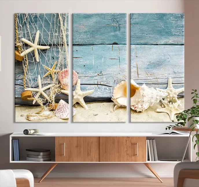 The beautiful three-panel canvas print, "Seashells on Rustic Wooden Background," features seashells and starfish against a blue wood background. The gallery-wrapped panels are coated with UV protection to ensure long-lasting vibrancy.